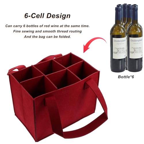 6 Bottle Wine Carrier with Divider Felt Wine Storage Tote Bag, Portable Reusable Wine Travel Bag with Handle for Christmas Travel Camping Picnic Party (Red)