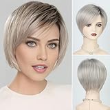 RENERSHOW Layered Short Ombre Platinum Blonde Bob Wigs for White Women Straight Heat Synthetic Natural Daily Party Wig