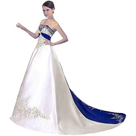 Vantexi Women's Satin Embroidery Wedding Dress Bridal Gown Ivory Blue 18 Cover