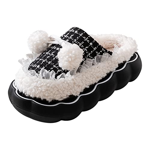 RTPR Pantuflas planas Zapatillas cómodas zapatillas de algodón para mujer, zapatos cálidos, suelas gruesas, encaje de moda, lazo, algodón zapatos altos para mujer, tacón barato, Negro , 37 EU