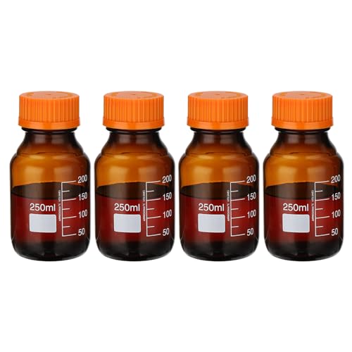 PATIKIL 4 Pack Reagent Media Storage Bottles, 250ml Borosilicate Glass Graduated Round Bottles with Orange GL32 Screw Cap for Lab Water Reagent Liquids, Amber