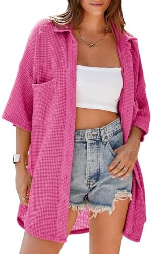 Dokotoo Womens Waffle Knit Tops Casual 3/4 Bell Sleeve Button Dow...