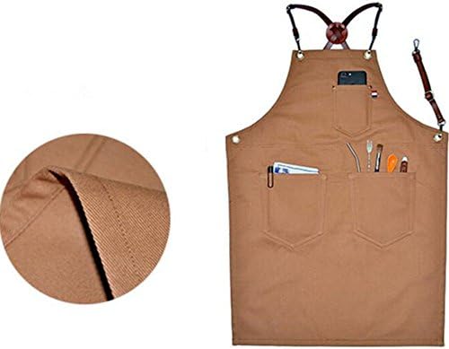 XIAKA Denim Bib Apron w/X Back Leather Straps Barista Florist Bartender Chef Aprons (Brown, M)