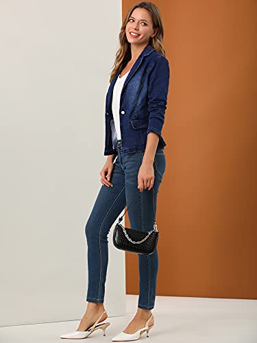 Allegra K Women's Notched Lapel One Button Long Sleeve Business Washed Denim Blazer Medium Blue #TOP3