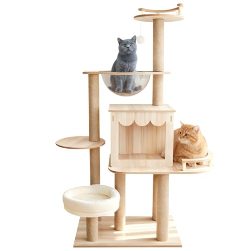 YASICA キャットタワー 木製 猫タワー スリム 据え置き おしゃれ 省スペース 透明ボウル 宇宙船付き 多頭飼い 大型猫用 猫ハウス シニア猫 短足猫 子猫向け 見晴台 天然麻紐 爪とぎ 運動不足解消 頑丈 安定感 かわいい 多層キャットツリー 60