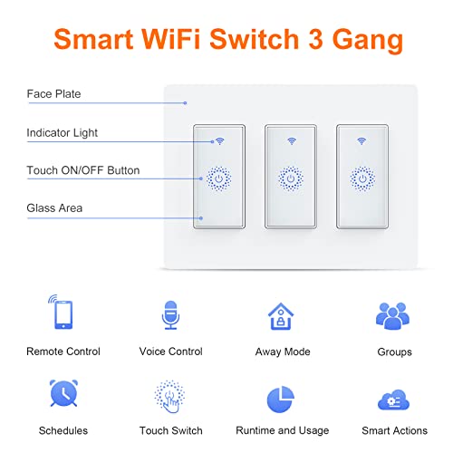 Smart Switch 3 Gang (Not 3 Way Switch), Smart Wifi Light Switch Work With Alexa Google Home And Ifttt, Voice And Remote Control, No Hub Required, Single-Pole Only #TOP1