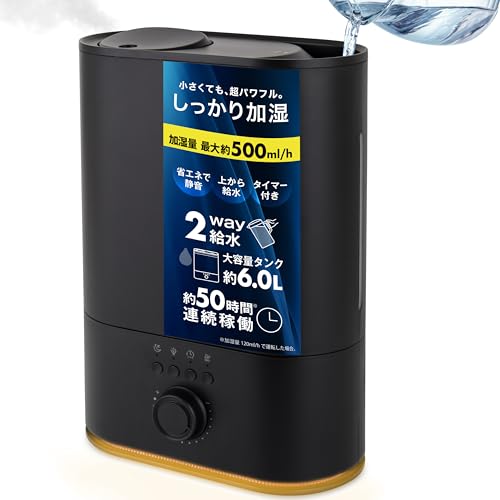 homecocci 加湿器 大容量 6L 超音波式 上から給水 アロマ対応 抗菌 静音 省エネ タイマー 空焚き防止 ブラック
