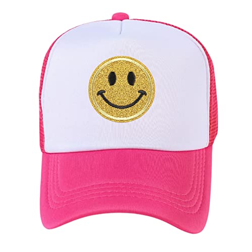 lycycse Smiley Face Hat Womens Mesh Neon Trucker Hats with Sequins Smile Patch Preppy Hat Retro Baseball Cap