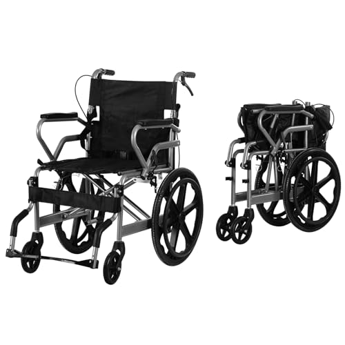 BSTSEL Portabble Foldable Self Propelled Wheelchair Lightweight Fully Folding Mobility Aid Wheelchair for Transit Travel with Adjustable Footrests Seat Belt Dual Brakes 20 Inch Wheels (Silver Frame)