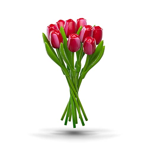 Ramo de Tulipanes de Madera Rojos y Blancos para tu Pareja, 9 Tulipanes de Madera, 34 cm de Alto, Pintados a Mano, Ramo de Flores, Flores de Madera, Día de la Madre, Made in Holland