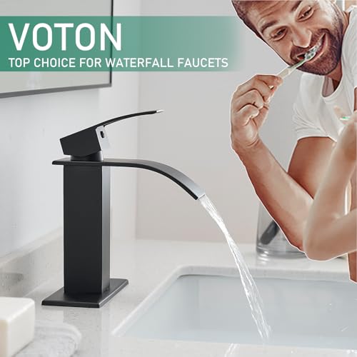 VOTON Black Bathroom Faucets Modern Waterfall Bathroom Sink Faucet Matte Black Single Handle Bathroom Faucet for 1 or 3 Holes with Deck Plate and Pop-Up Drain, Rv Sink Camper Farmhouse Bathroom Faucet - Thumbnail 7