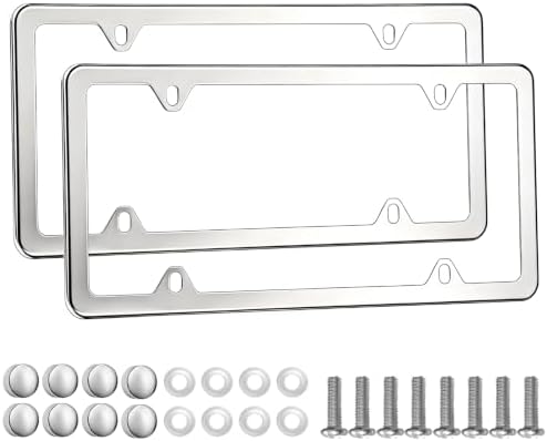 2PCS Solid Silver License Plate Frames, Solid Rust-Proof Stainless Steel Holder with 4 Holes, Universal Car Frame for Women and Man, Including Screws, by Lengnoyp
