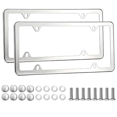 Image of 2PCS Solid Silver License Plate Frames, Solid Rust-Proof Stainless Steel Holder with 4 Holes, Universal Car Frame for Women and Man, Including Screws, by Lengnoyp