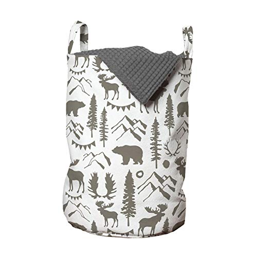Image of Ambesonne Northwoods Laundry Bag, Forest Elements with Bear Moose Trees and Mountains Wildlife Nature Theme, Hamper Basket with Handles Drawstring Closure for Laundromats, 13" x 19", Taupe White