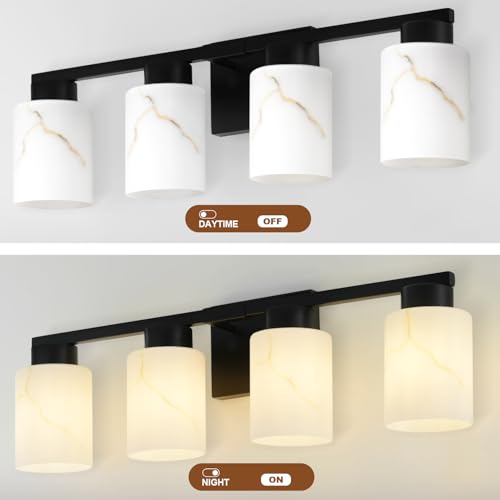 Image of 4-Light Bathroom Light Fixtures, Modern Vanity Lights, Black Metal Wall Lamp with White Marble Glass for Bathroom, Mirror, Living Room, Bedroom, Cabinet, Porch, Hallway, E26 Base