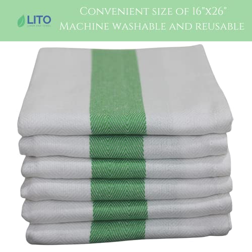Lito Linen And Towel Kitchen Towels | 100% Cotton Dish Towels Premium Quality | 16"X26" Herringbone Green Stripe 6-Pack | Hand Towels, Tea Towels, Dish Cloth| Highly Absorbent Bar Towels #TOP5