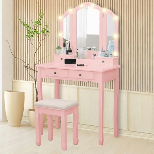 LilyFantasy Vanity Table, Makeup Vanity Table with Lighted Mirror, Vanity Set with Padded Stool, Tri-Fold Bedroom Vanity, 4 Drawers, 2 Open Compartments, Pink Finish