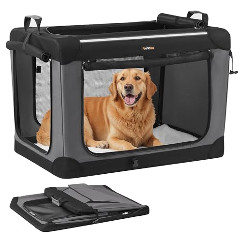 Feandrea Hundebox faltbar, 91,4 cm Transportbox für große Hunde, Hundetasche, Oxford-Gewebe, mit 4 Türen aus Netzstoff, Griffen, Taschen für Futter und Wasserflasche, tintenschwarz PDC019B01