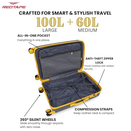 Image of Red Tape 8 Wheels Trolley Bag Set of 2 (Large + Medium) | Olive & Yellow Hard Case Polypropylene Luggage | 360 Wheeling Suitcase for Men & Women | Durable Travel Trolley Bags for Business & Vacation