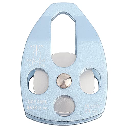 クライミングプーリー 登山プーリー 15mmロープ用 32KN 軽量 耐摩耗性 汎用 シングル滑車 探検/クライミング用/高空作業/救助(青)