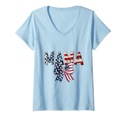Mujer Camisa con lazo para mamá con bandera americana, 4 de julio, EE. UU., Patriotic Mom Camiseta Cuello V