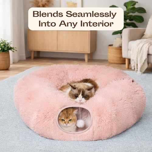 Meowfia Indoor Cat Tunnel with Donut Bed - Large Flexible Play Space for Multiple Pets - Circle or Snake Shape, Cozy Lounge (Pink) by MEOWFIA - Image 4