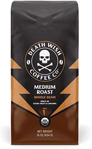 Death Wish Coffee, Organic and Fair Trade, Medium Roast, Whole Bean Coffee, 16 oz