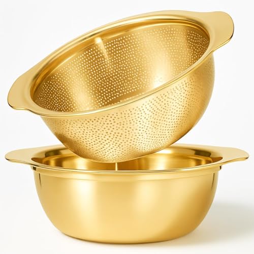 Image of Golden Stainless Steel Colander with Bowl Set | Multipurpose Kitchen Strainer & Drainer | Rust-Free Durable Vegetable Fruit Rice Pasta Washing Bowl | Elegant Serving & Storage Use (Combo)