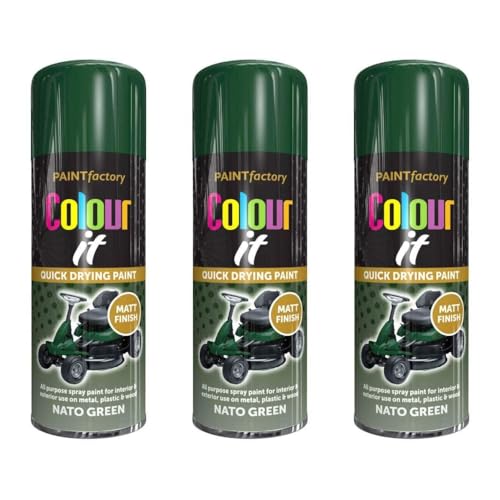 Image of Paint Factory Colour It Nato Green Quick Drying Spray Paint, Matt Finish, for Metal, Plastic & Wood, 400ml, Pack of 3