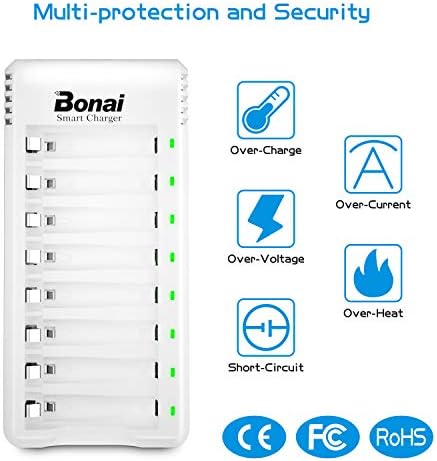 BONAI 8-Pack AA Rechargeable Batteries With Charger Set, Including 2800mAh High-Capacity Rechargeable Battery AA And 8-Slot Individual Battery Charger For AA AAA (USB Charging Cable Included)