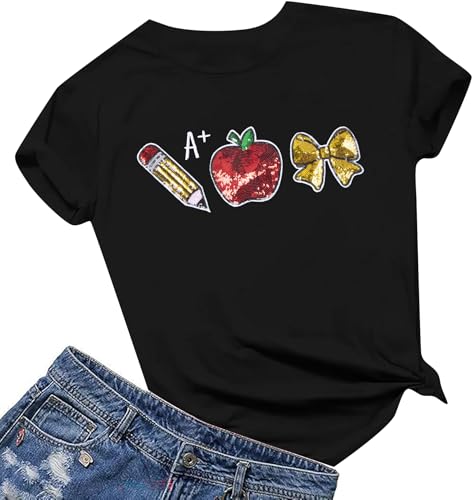 Teacher Shirts for Women Teach Teaching Tshirt Sequin Apple Shirt Back to School Shirt Teacher Life Tee Tops2