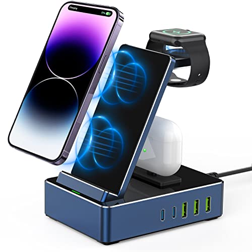 100W Aluminum Alloy Charging Station, 8 in 1Wireless Charging Station for Multiple Devices USB C Charging Station Compatible with iPhone Series, iWatch, Air Pods Pro (Blue)
