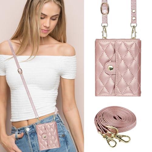Image of Phone Case for Samsung Galaxy Z Flip 7, Crossbody Wallet Phone Cover with Card Holders Cash Slot Wristlet Strap, Fashion Leather Handbag Flip 7 Phone Case for Women Girls Rose Gold