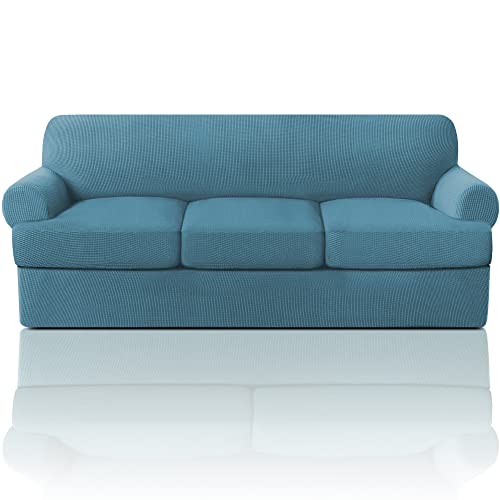 PrinceDeco T Cushion Sofa Slipcover 4 Pieces Sofa Covers for Couch, Soft Couch Cover Slip Covers with 3 Individual T Cushion Shape Seat Covers Width Up to 88 Inch, Washable, Storm Blue