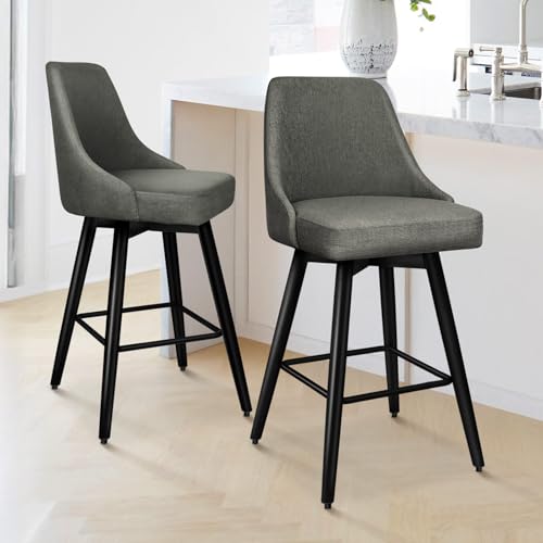 Butacos modernos giratorios ALFORDSON de altura de barra, con respaldo completo y patas metálicas resistentes, tapizados en tela de lino transpirable, para isla de cocina o bar en casa, color gris oscuro, juego de 2 miniatura 1