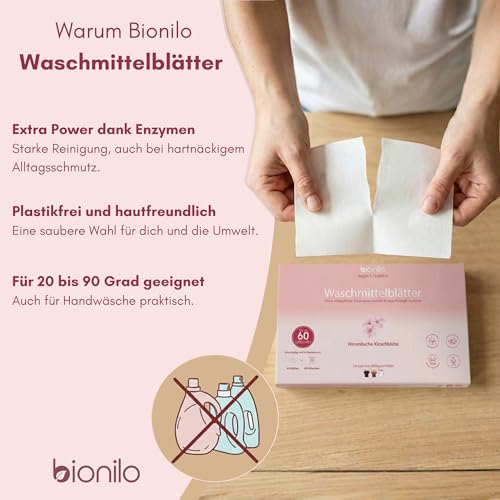 Bionilo Waschmittelblätter Himmlische Kirschblüte – 60 Waschgänge – Vegan Plastikfrei Biologisch Abbaubar – Nachhaltig Umweltfreundlich – Kompakt Reisegröße Waschmittel Blätter
