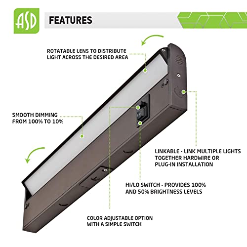 Asd Swivel Led Under Cabinet Lighting Bronze, 18 Inch 8W, Hardwired Or Plug-In, 2700K/3000K/4000K Selectable, Rotatable Lens, Dimmable Linkable Under Counter Light For Kitchen, Etl & Energy Star #TOP3