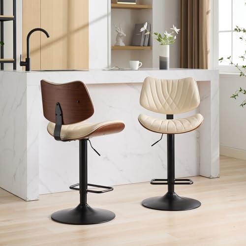 REONEY Butaco Giratorio, Set de 4, Altura Ajustable, Tapizado en Cuero PU Beige, con Respaldo y Reposapiés, Moderno miniatura 4