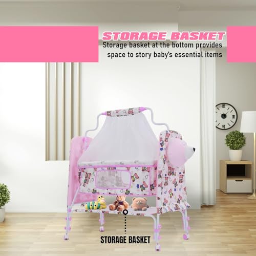 Image of PANDAORIGINALS Jumbo Baby Cradle|Soft Cushion Baby Jhula /Paalna Cute cot with Mosquito Net for 0-9 Months Boys and Girls Super Strong Soft Cushion and Swing Lock Function (Panda Pink)