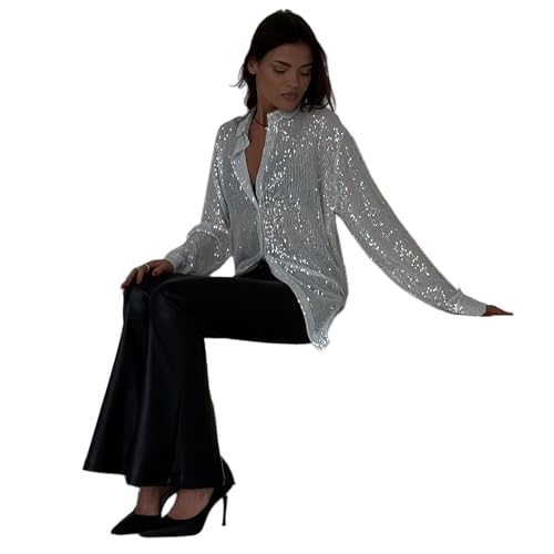 AMPOSSTO Womens Sequins Long Sleeve Collared Shirt Button Down Open Front Shirt Loose Blouses Shirst Tops4