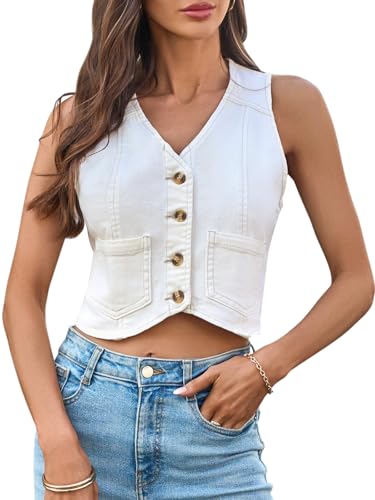 Yousify Women's Summer Tops Denim Vest Sleeveless V Neck Button Down Jean Y2k Crop Jacket With Pocket3