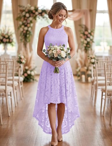 Image of Dressystar Women Halter Lace Wedding Guest Dress Hi-Lo Cocktail Party Bridesmaid Formal Dresses
