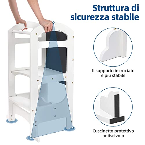 Ezebaby Torre de Aprendizaj Transformable, Torre Montessori de Madera para bebés, Taburete de Cocina para Niños, Convertible en Mesa y Silla Infantil, Learning Tower con Pizarra Negra, 2 en 1