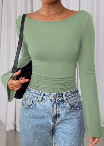 Image of PRETTYGARDEN Women Long Sleeve Shirt 2025 Crop Casual Boat Neck Bell Sleeve Ribbed Ruched Y2K Clothing