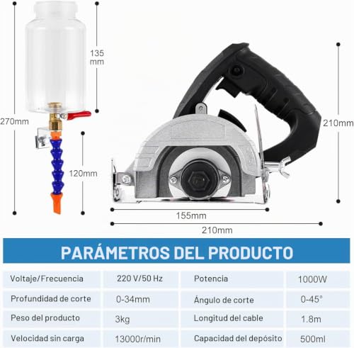 Miniatura 2 de Mxbaoheng 1000 W Cortadora De Azulejos Electrica Sin Hojas 0-45 Grados Maquina De Cortar Azulejos Con Agua Con Depósito De Agua Extraíble, Adaptada Para Azulejo De Cerámica Adaptada 100-110mm Hoja