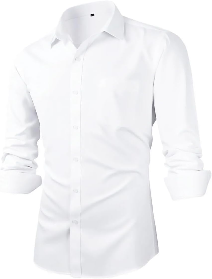 Mens Slim Fit Solid Point Collar Button Down Dress Shirt