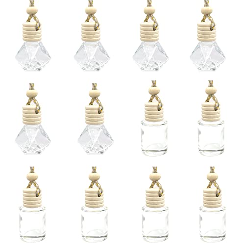 Doromy 12Packs Refillable Car Air Freshener Perfume Bottle Hanging Car Diffuser Bottle Aromatherapy Oil Diffuser Glass Bottle Pendant Clear Essential Oil Bottle With Wooden Caps & Hanging String #TOP4