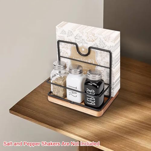 Livabber Napkin Holder, Metal Napkin Storage with Salt and Pepper Shakers Caddy Modern Napkin Dispenser for Table Kitchen Countertop, Not Including Salt and Pepper Shakers (Middle Wooden, Black)