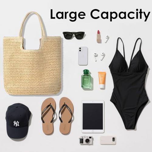 Bolsa de playa grande de paja tejida para mujer miniatura 6