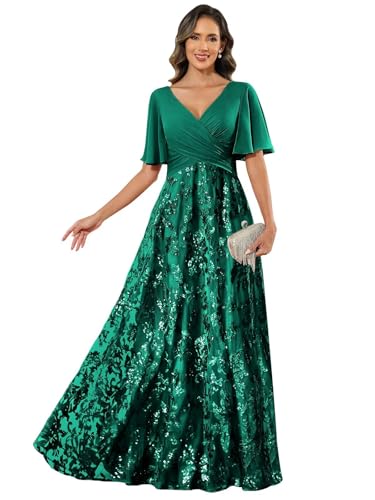 V Neck Mother of The Bride Dresses for Women Half Sleeve Sequin Lace Evening Formal Dress